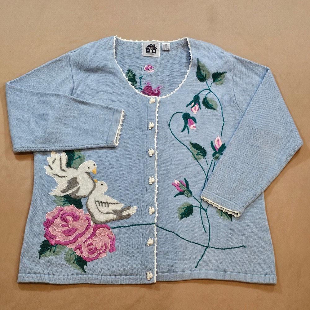 Storybook Knits Doves Love Blue Embroidered Cardigan Sweater Floral Plus Size 2X